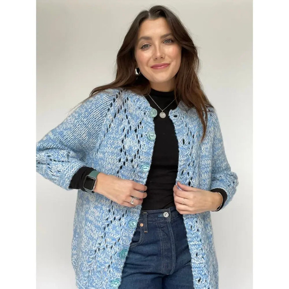 Blue and White Hand Knit Cardigan - Size Large - Picture 2 of 10